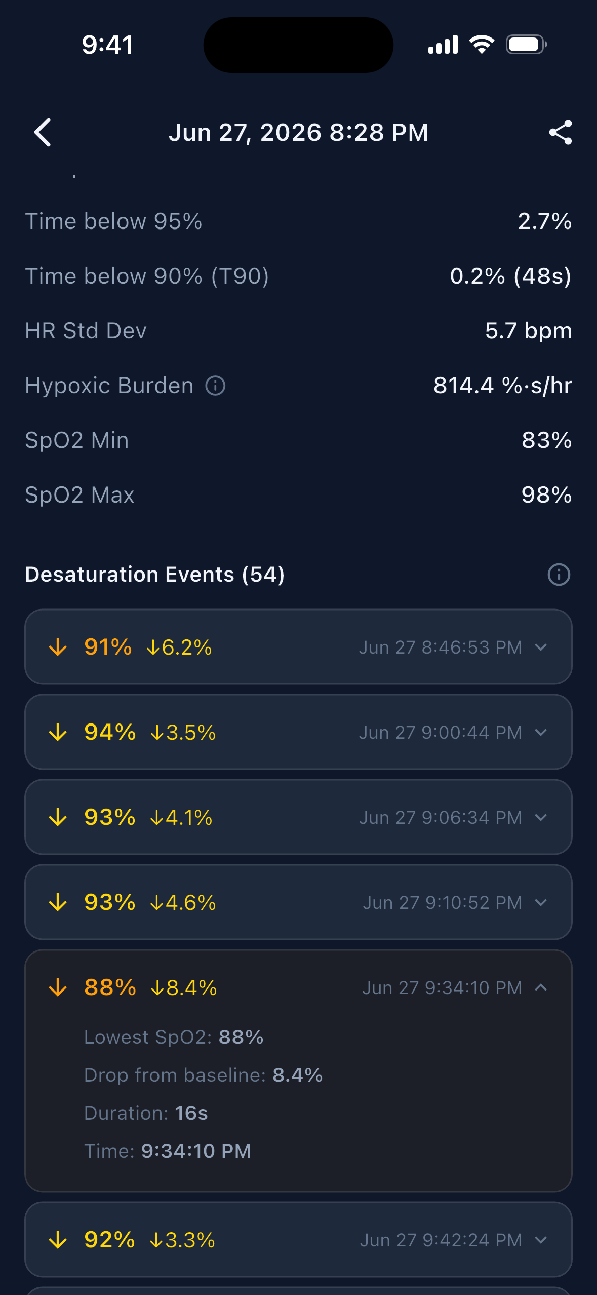 Session replay: tabbed vitals timeline with detected events listed as expandable rows