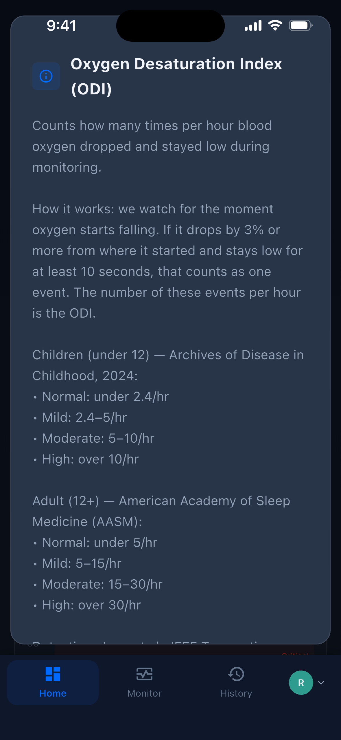 A threshold tooltip open in the app, citing the clinical study behind the displayed ODI severity band