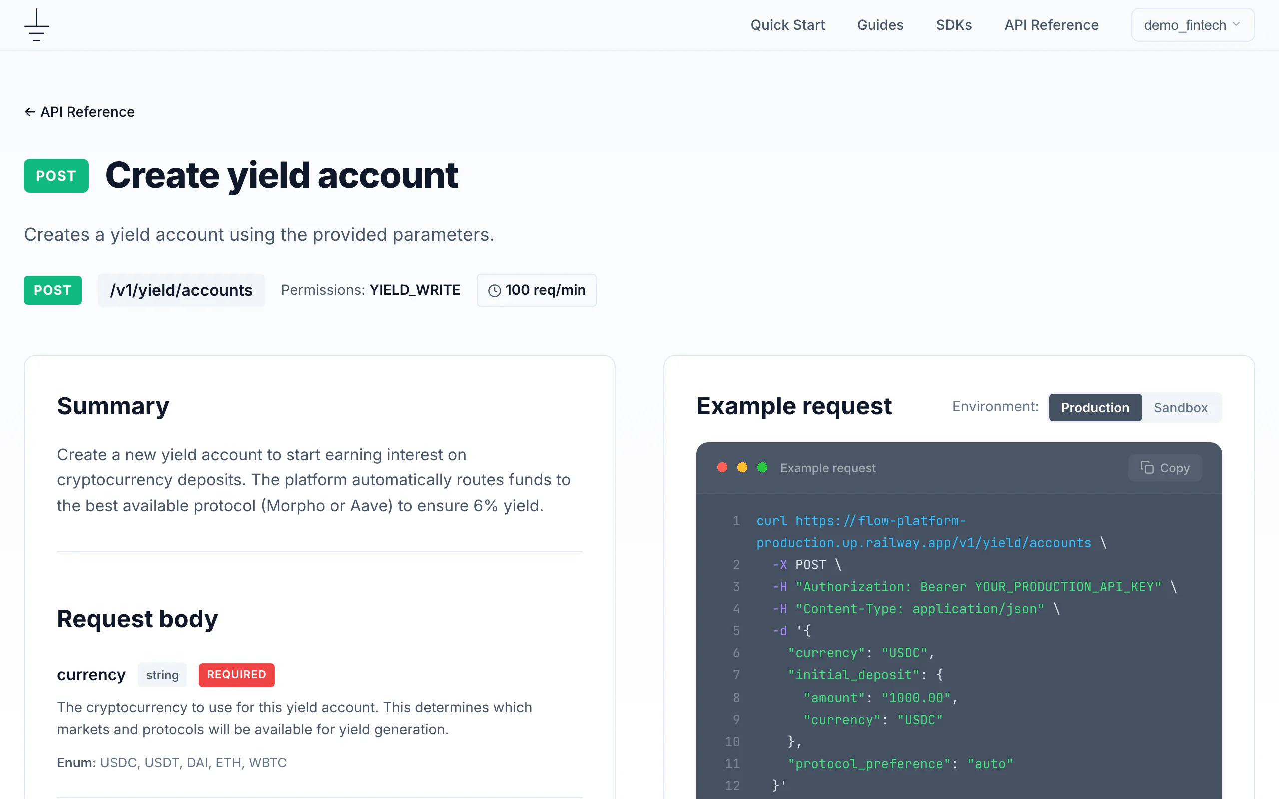 Interactive API reference page for POST /v1/yield/accounts: summary, request-body parameters with types and enums, and an environment-aware example request with a production/sandbox toggle