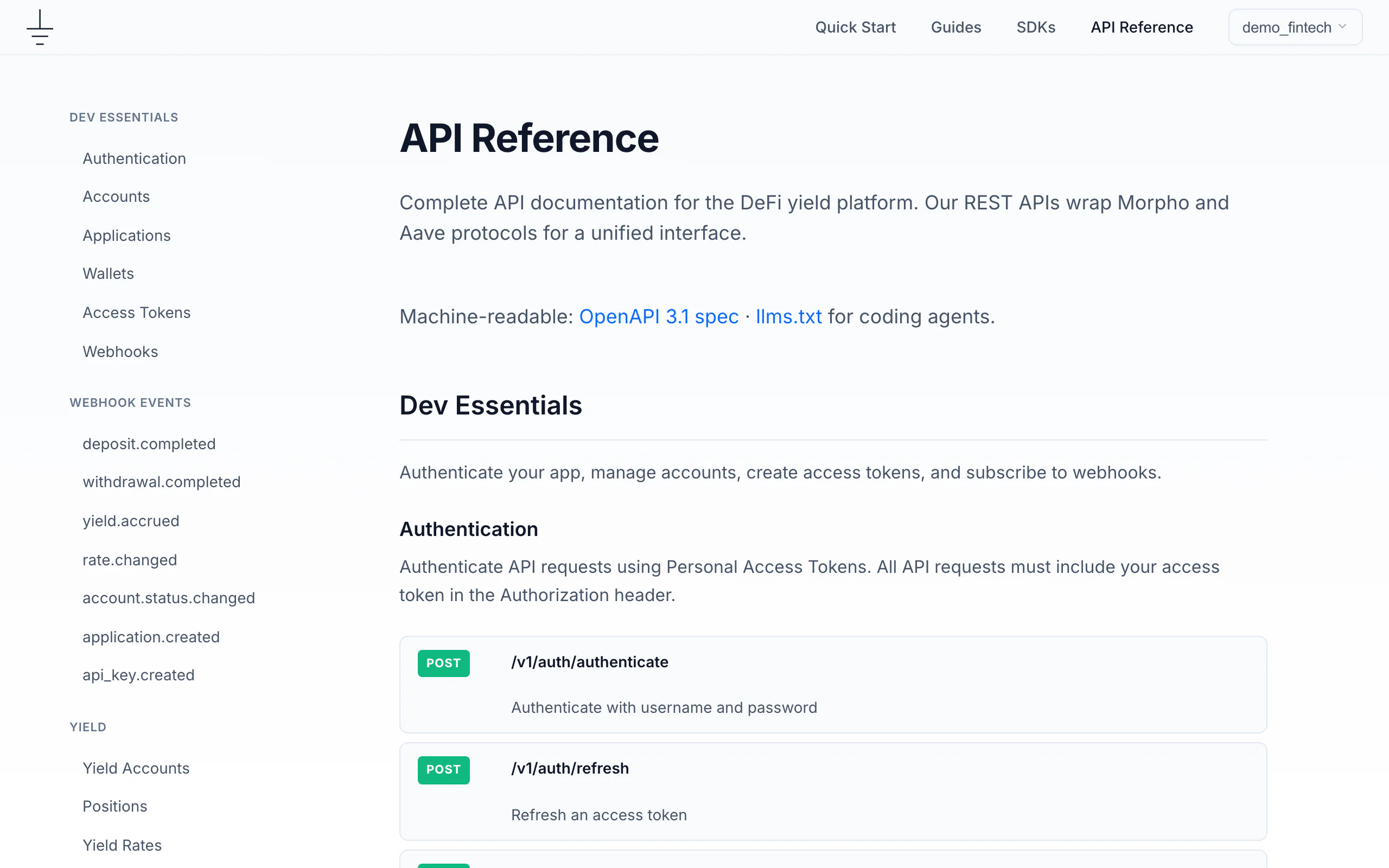 API reference index with a sidebar of endpoint groups and webhook event types, and links to the OpenAPI 3.1 spec and llms.txt