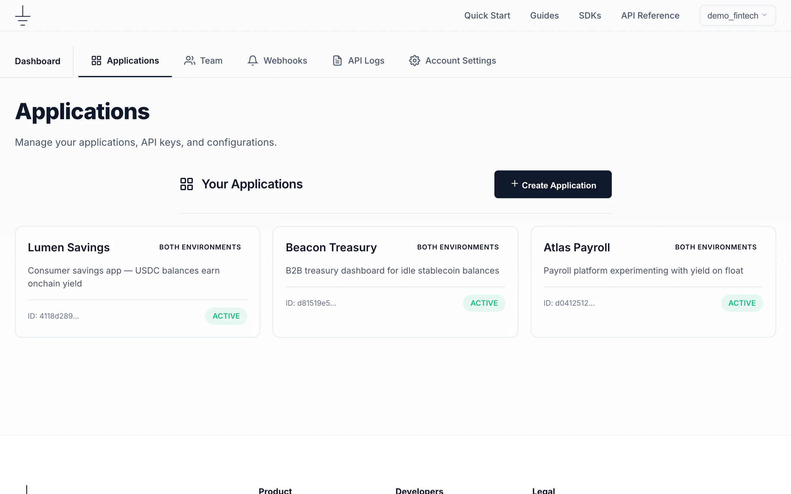 The developer dashboard, Applications tab: three applications — Lumen Savings, Beacon Treasury, Atlas Payroll — each active in both environments, with a Create Application button