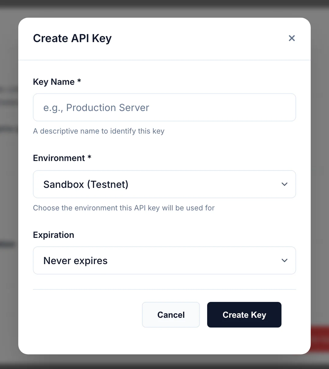 Create API Key modal: key name field, environment selector showing Sandbox (Testnet), and an expiration dropdown