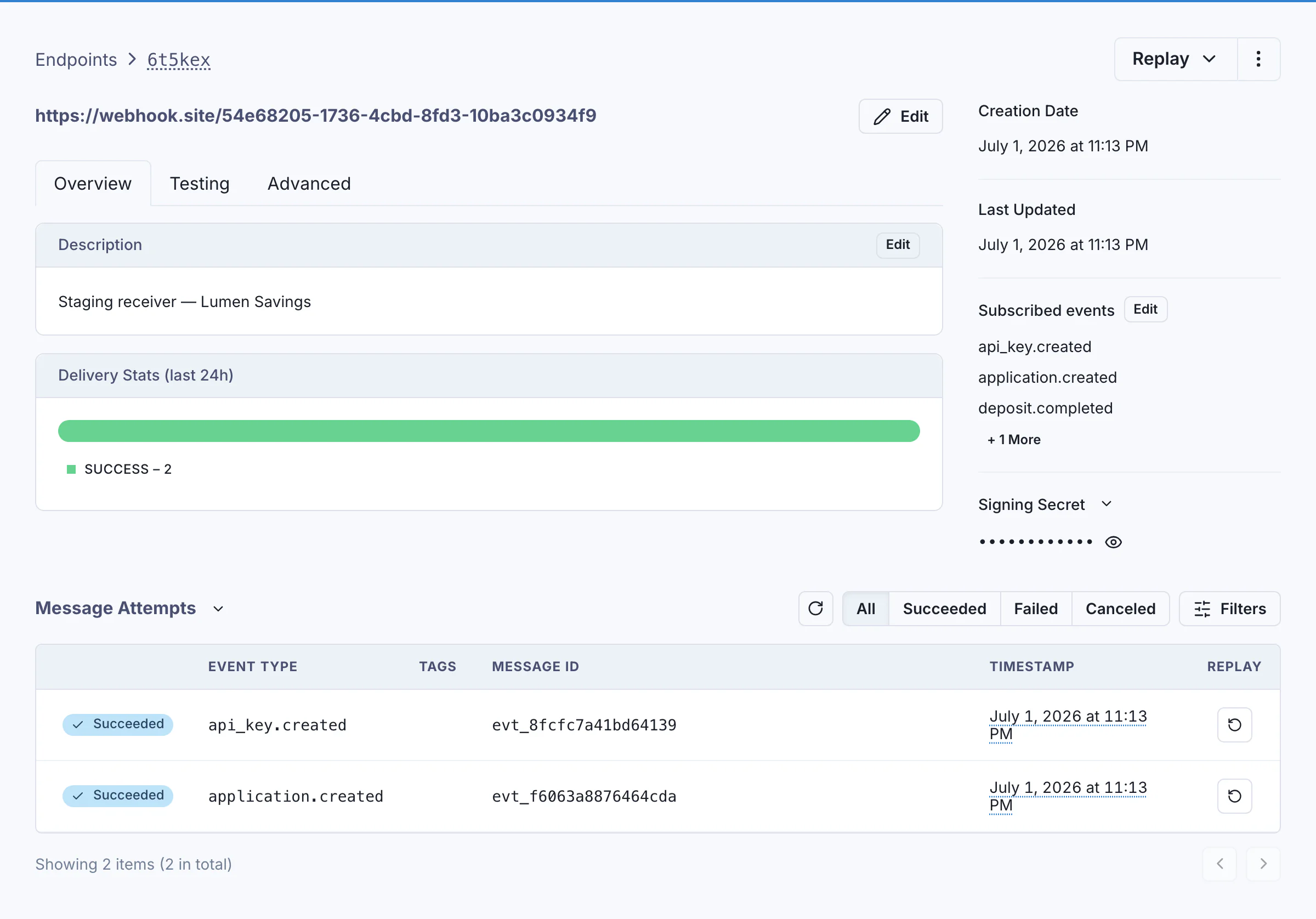 Endpoint detail in the embedded Svix App Portal: 24-hour delivery stats, subscribed events, signing secret, and a message-attempts table with succeeded api_key.created and application.created events and replay buttons
