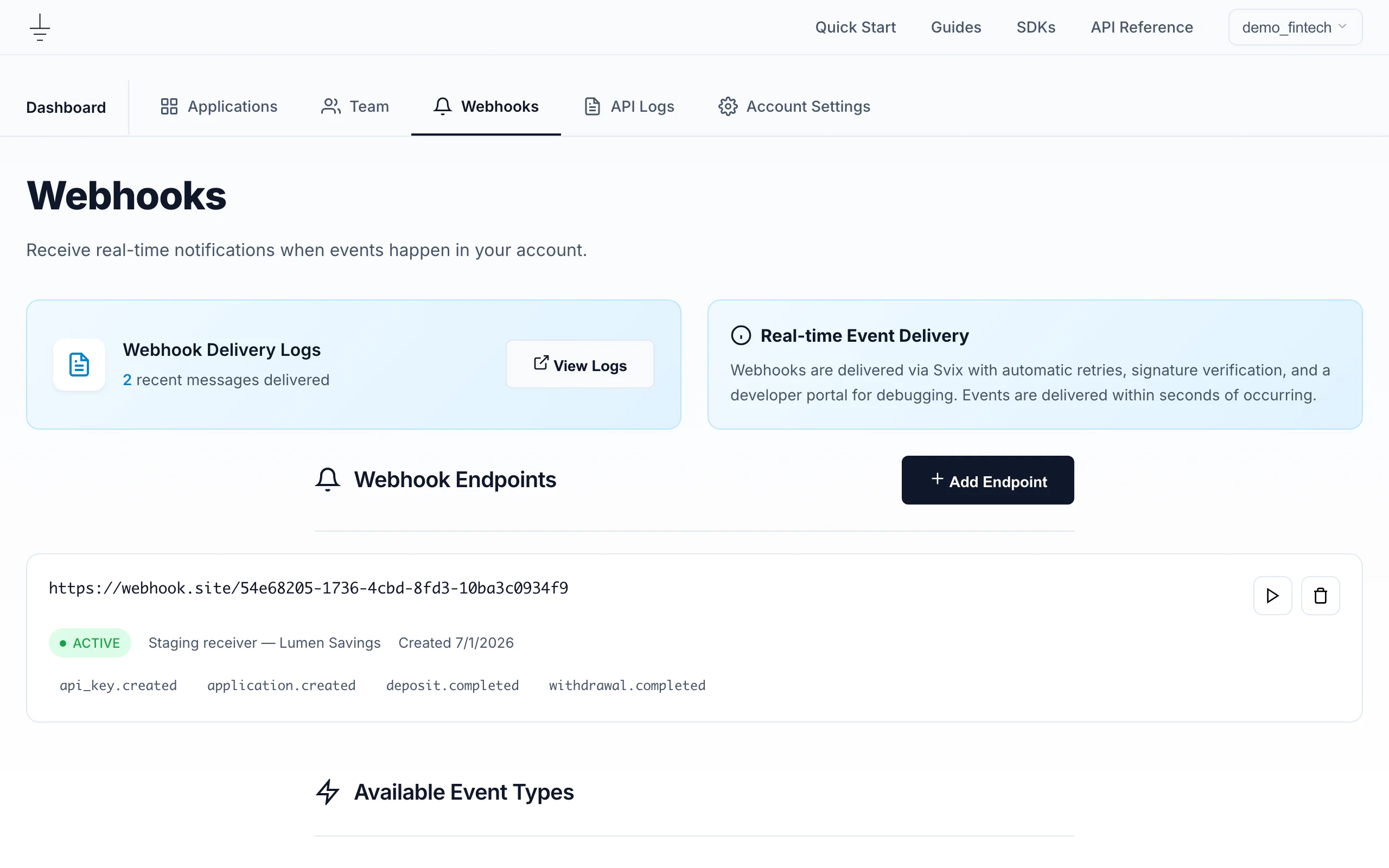 Webhooks page of the dashboard: an active endpoint subscribed to four event types, a delivery-log card showing two recent messages, and the available event types below