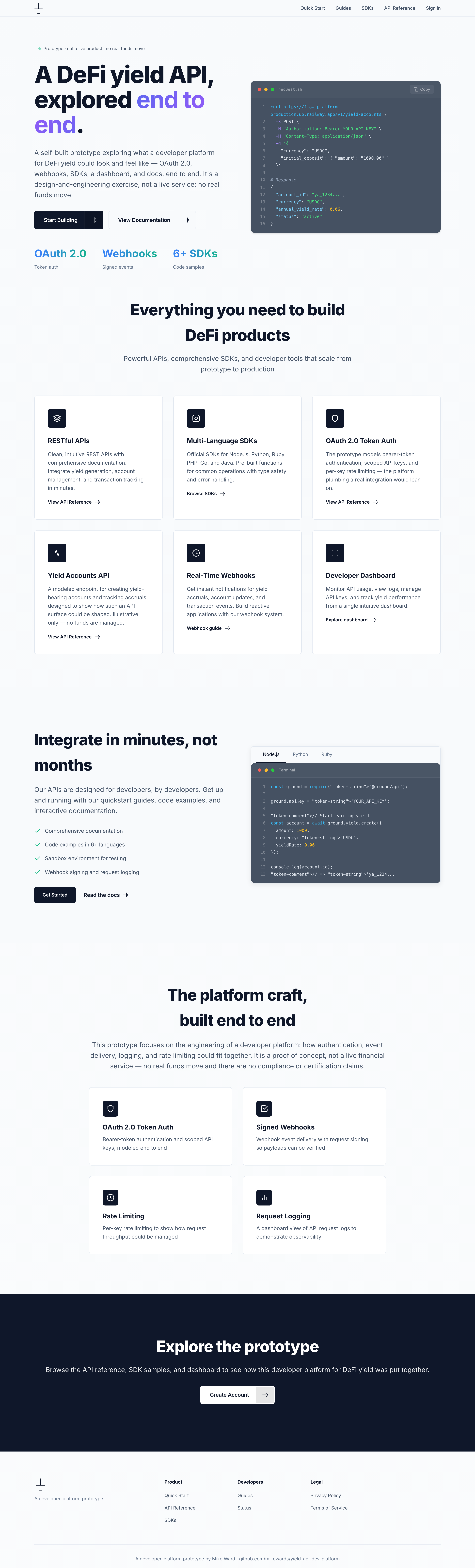 Developer platform homepage with a live API code example