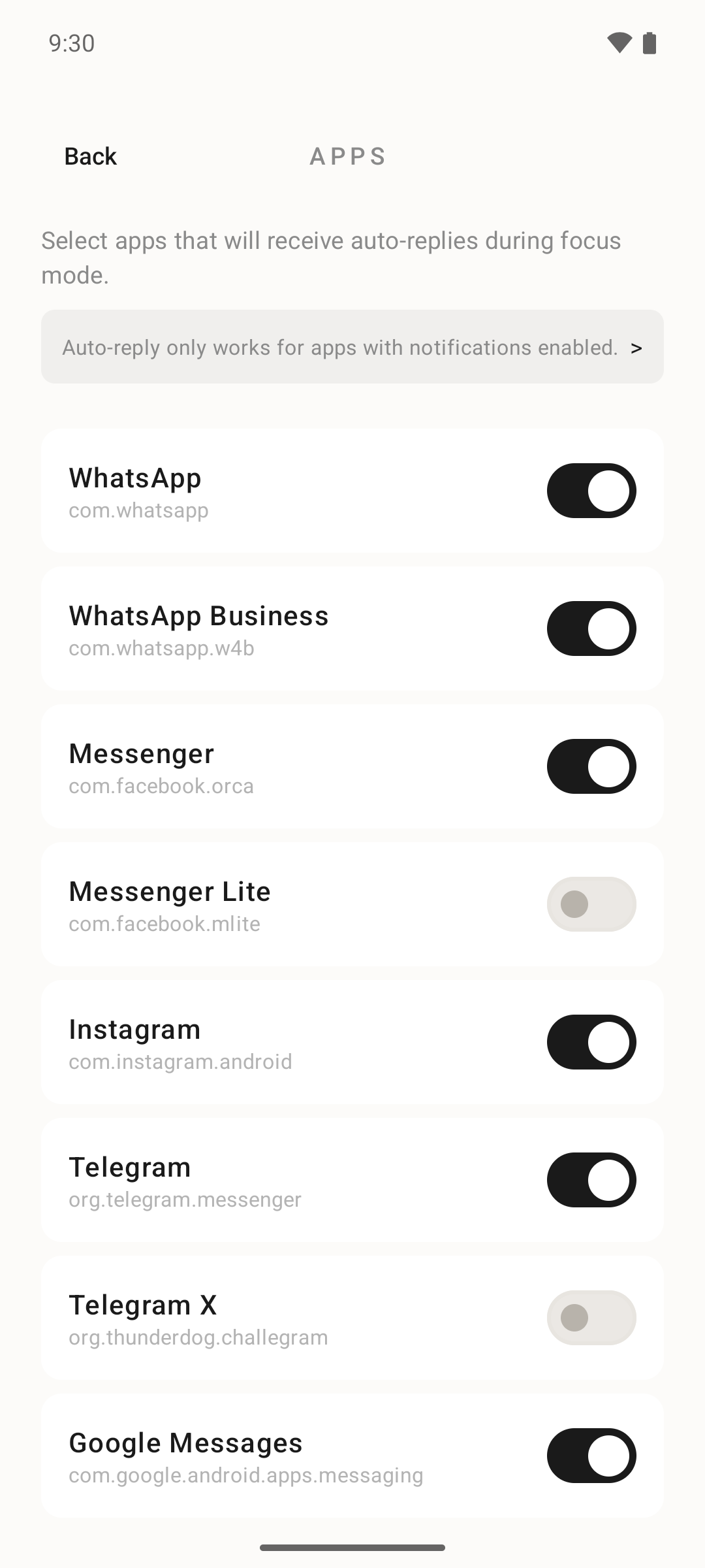 Enabled apps list: WhatsApp, WhatsApp Business, Messenger, Instagram, Telegram and Google Messages toggled on; Messenger Lite and Telegram X off