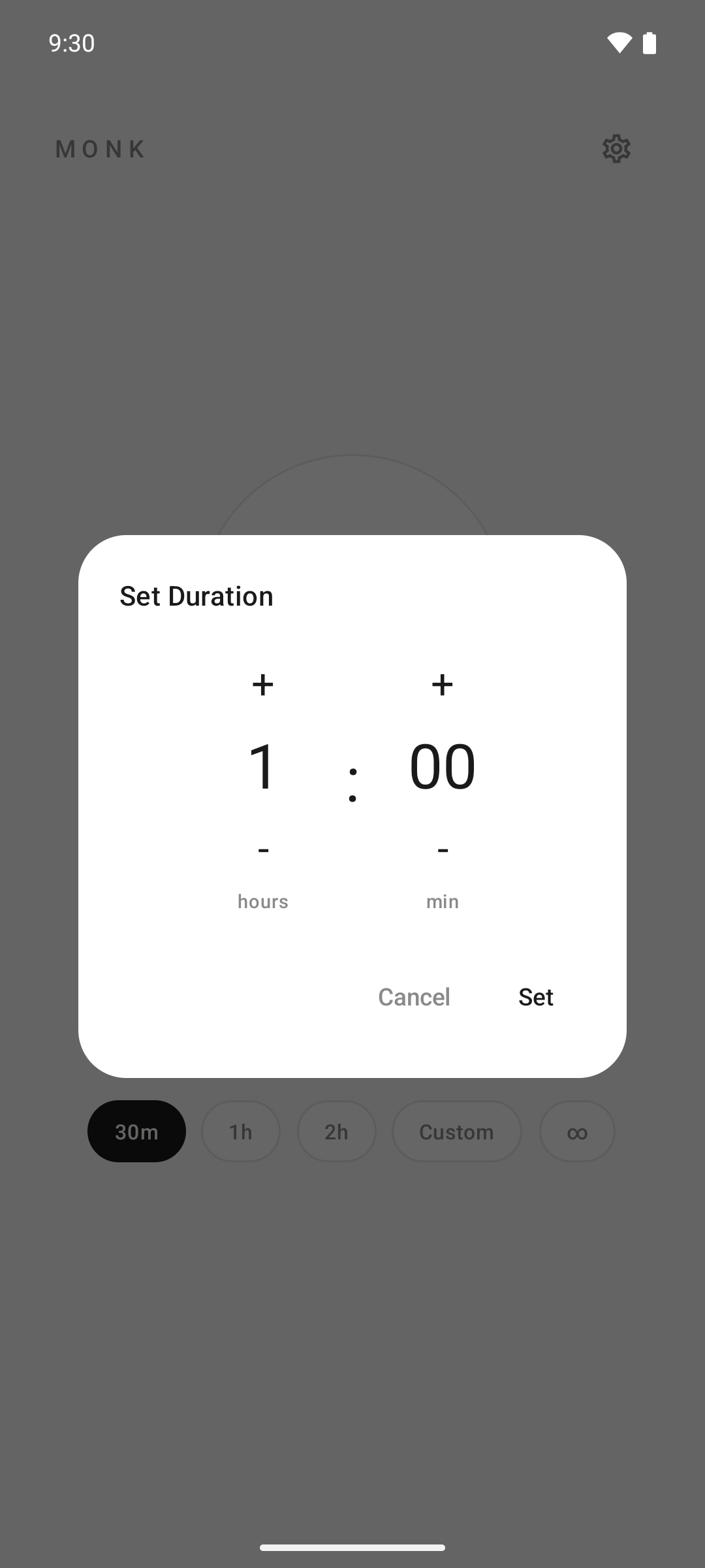 Custom duration dialog: hours and minutes steppers over the dimmed home screen