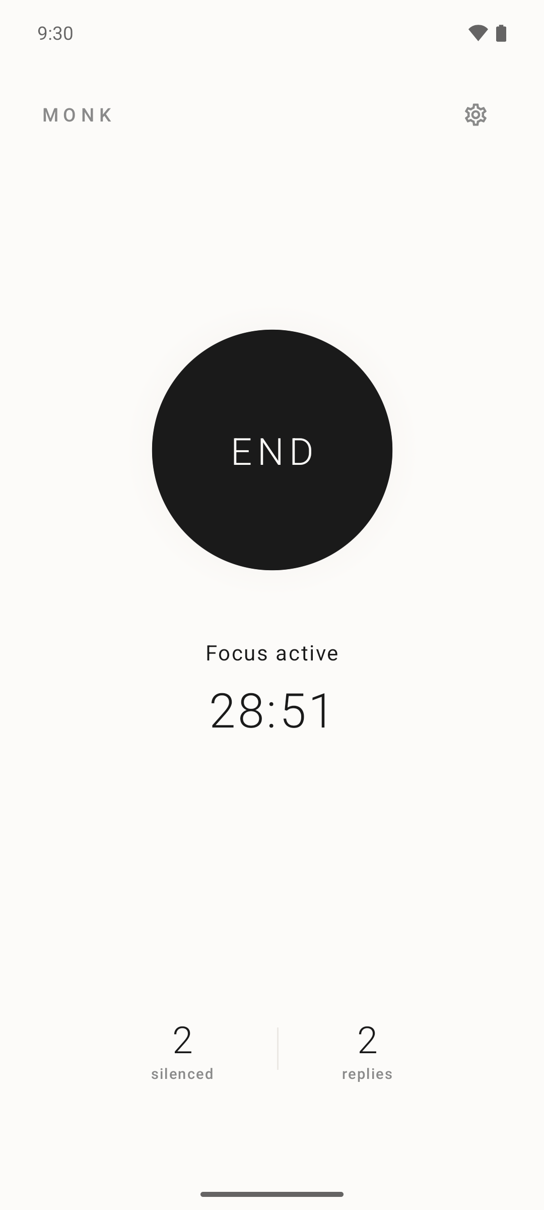 Monk mid-session: the ink-black END orb, a 28:51 countdown, and live counters showing 2 messages silenced and 2 replies sent