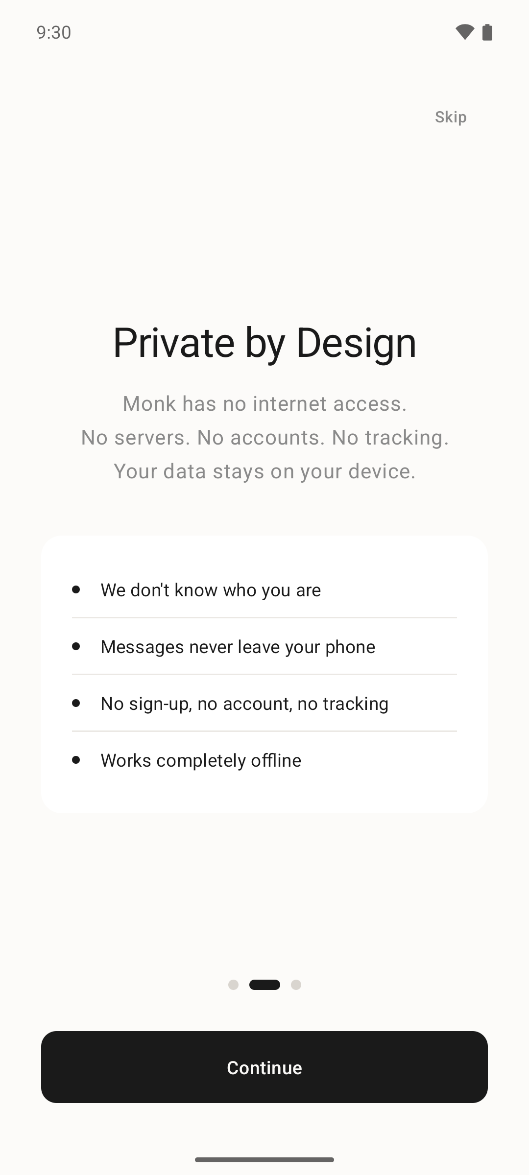 Monk onboarding, 'Private by Design' page: no internet access, no servers, no accounts, no tracking — with the four privacy promises listed