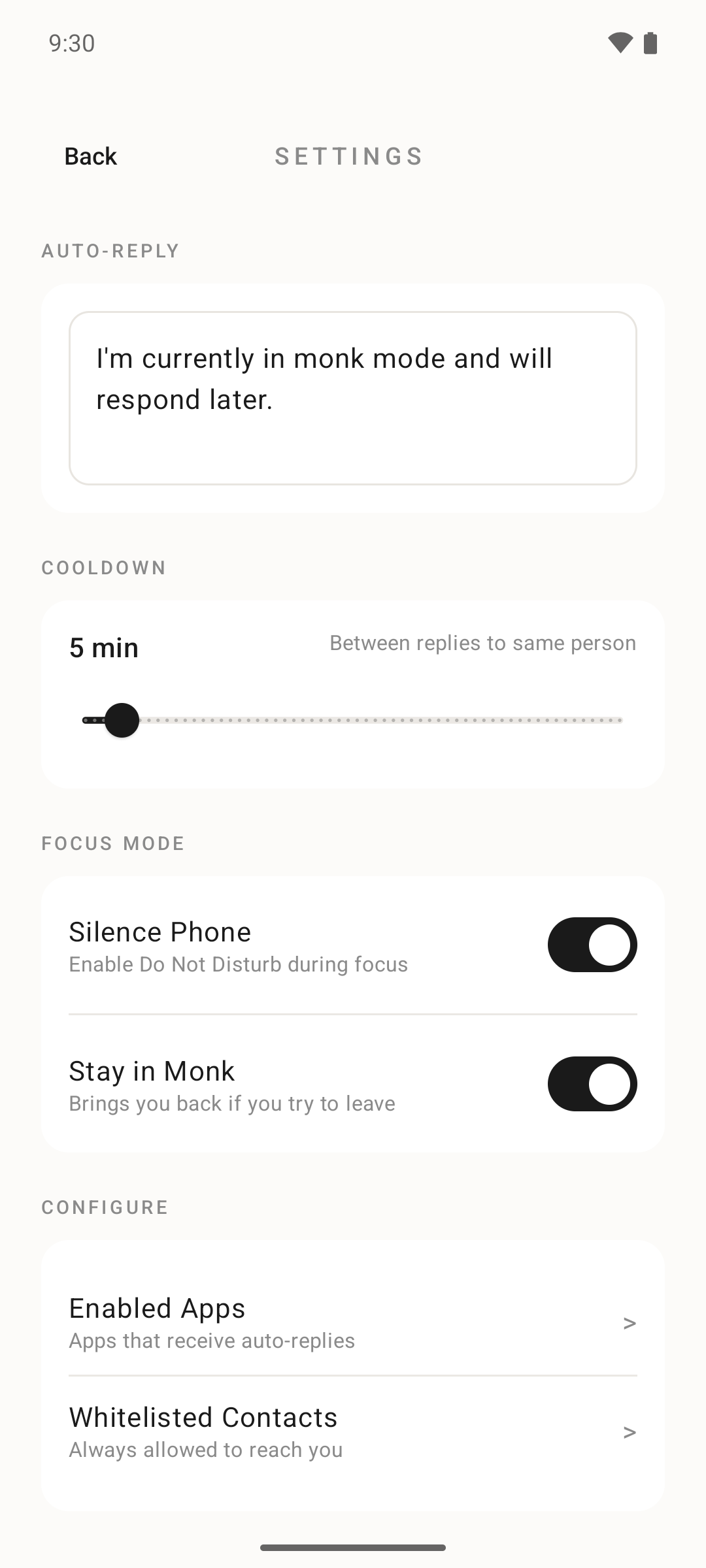 Settings: auto-reply message editor, cooldown slider at 5 minutes, Silence Phone and Stay in Monk toggles enabled, and links to enabled apps and whitelisted contacts