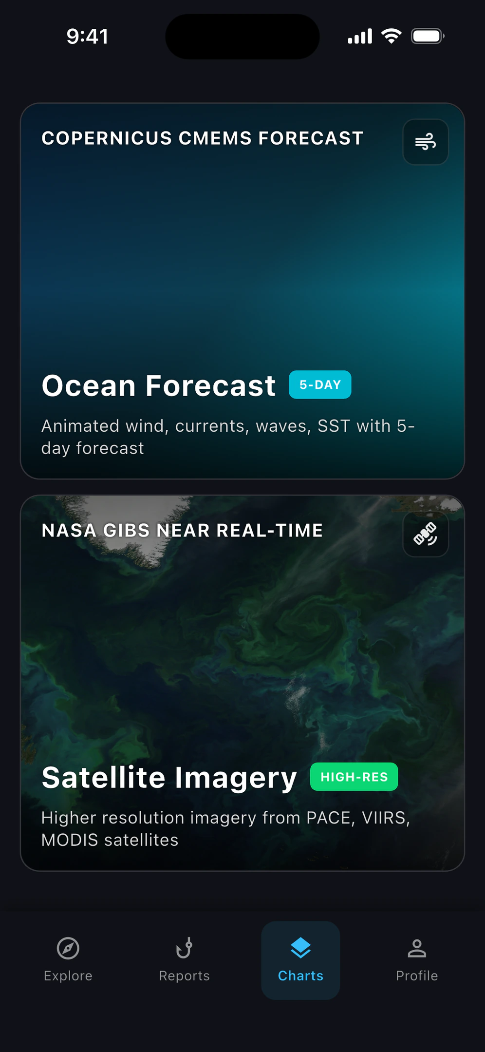Charts hub: Copernicus CMEMS animated ocean forecast and NASA GIBS near-real-time satellite imagery
