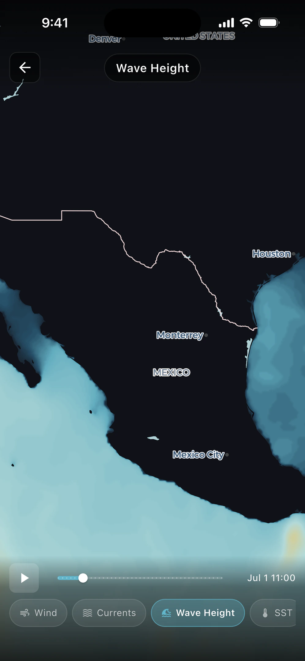 Wave-height raster layer over the Pacific coast of Mexico, with a playback scrubber and layer switcher