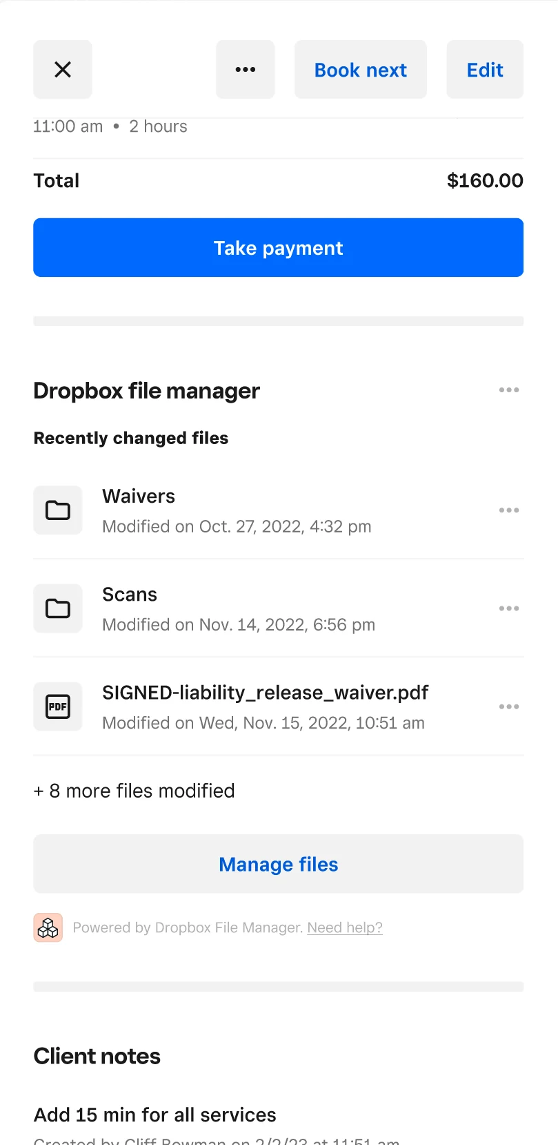 Alpha UI: a Dropbox file manager add-on rendered natively inside a Square Appointments detail panel, showing recently changed files next to the appointment's payment actions