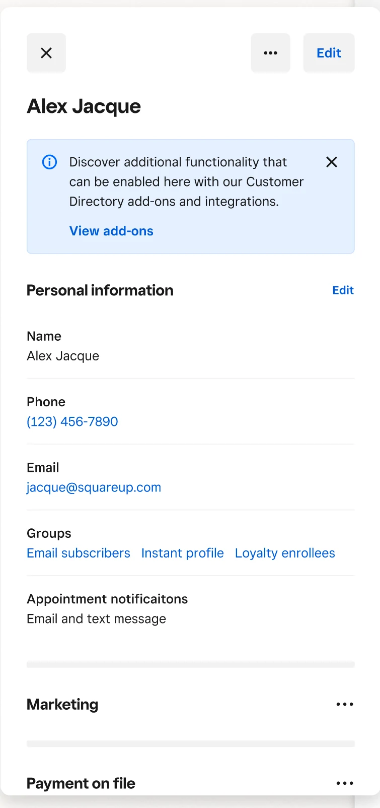 Alpha UI: a Square customer detail panel with a banner suggesting add-ons and integrations available for the customer directory