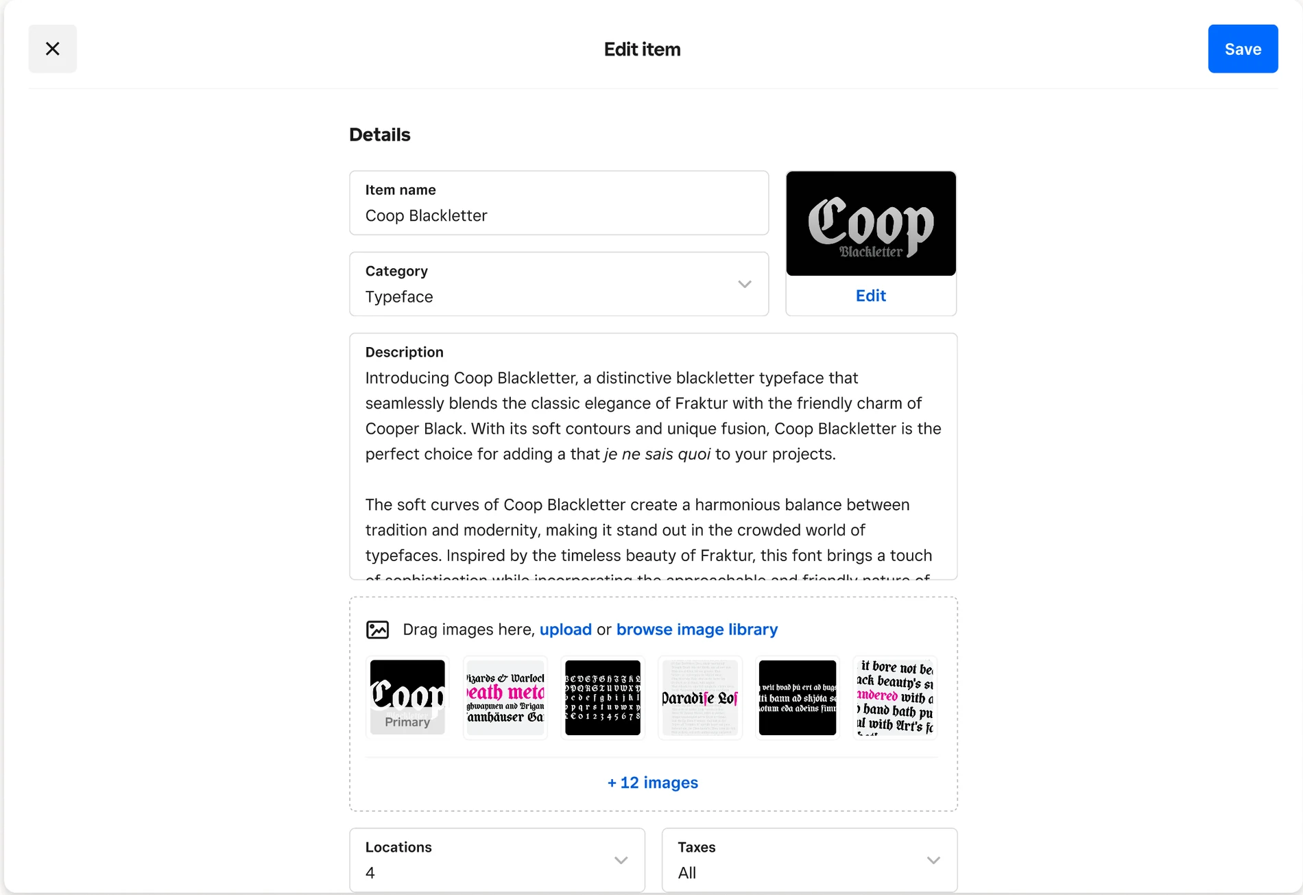 Alpha UI: Square's Edit item screen for a typeface product, with a SendOwl-powered digital delivery add-on integrated directly into the item's details and image library
