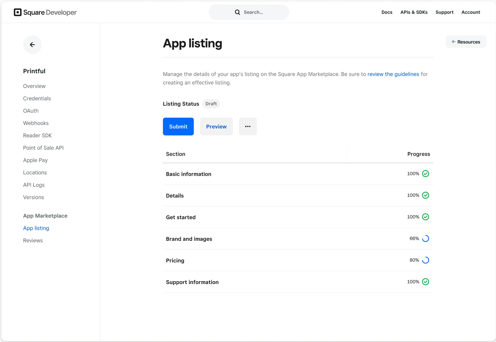 Square Developer Console — the shipped App listing editor showing listing sections with completion progress, draft status, and a submit button