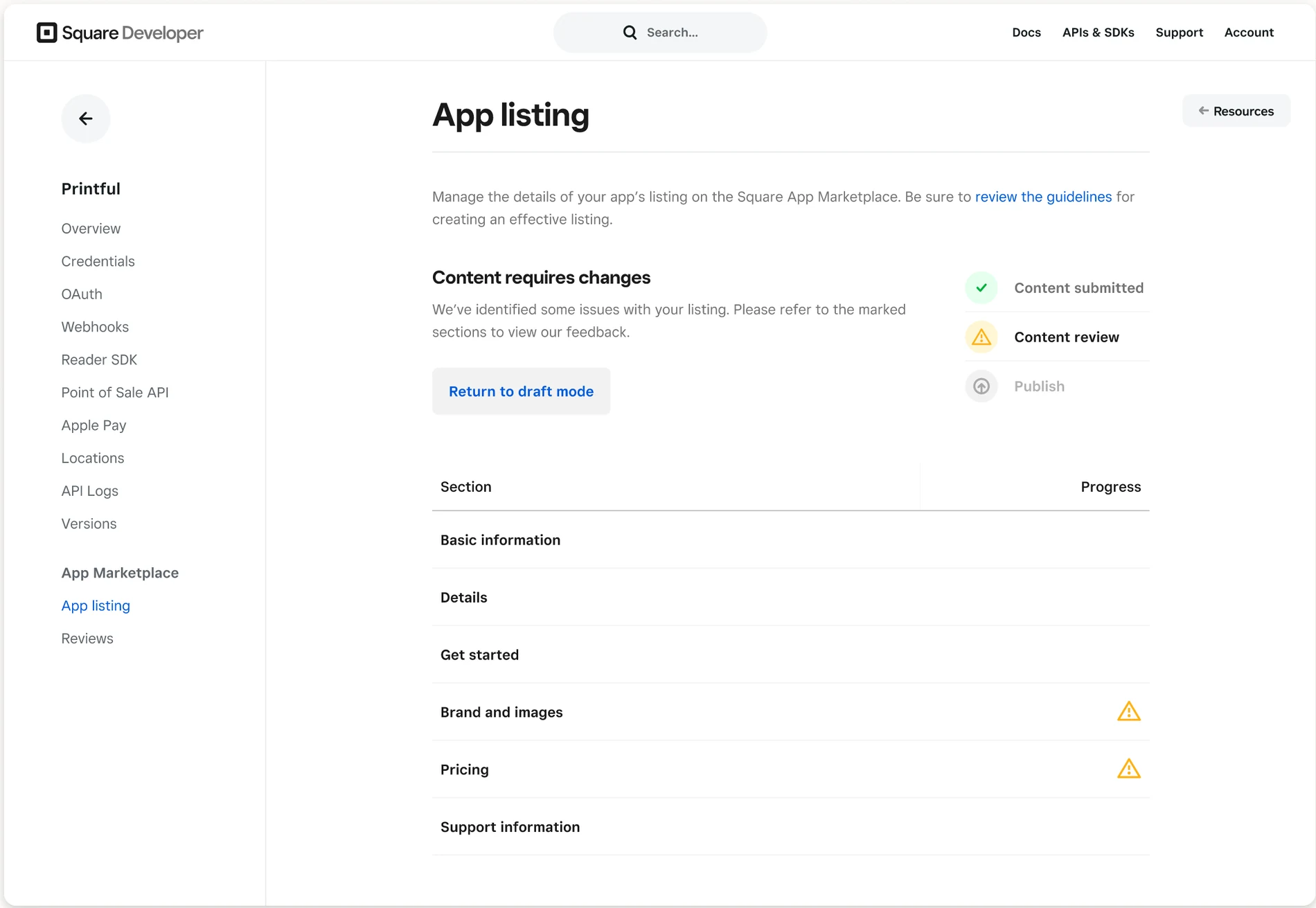 Square Developer Console — the 'content requires changes' state with a review checklist and flagged listing sections