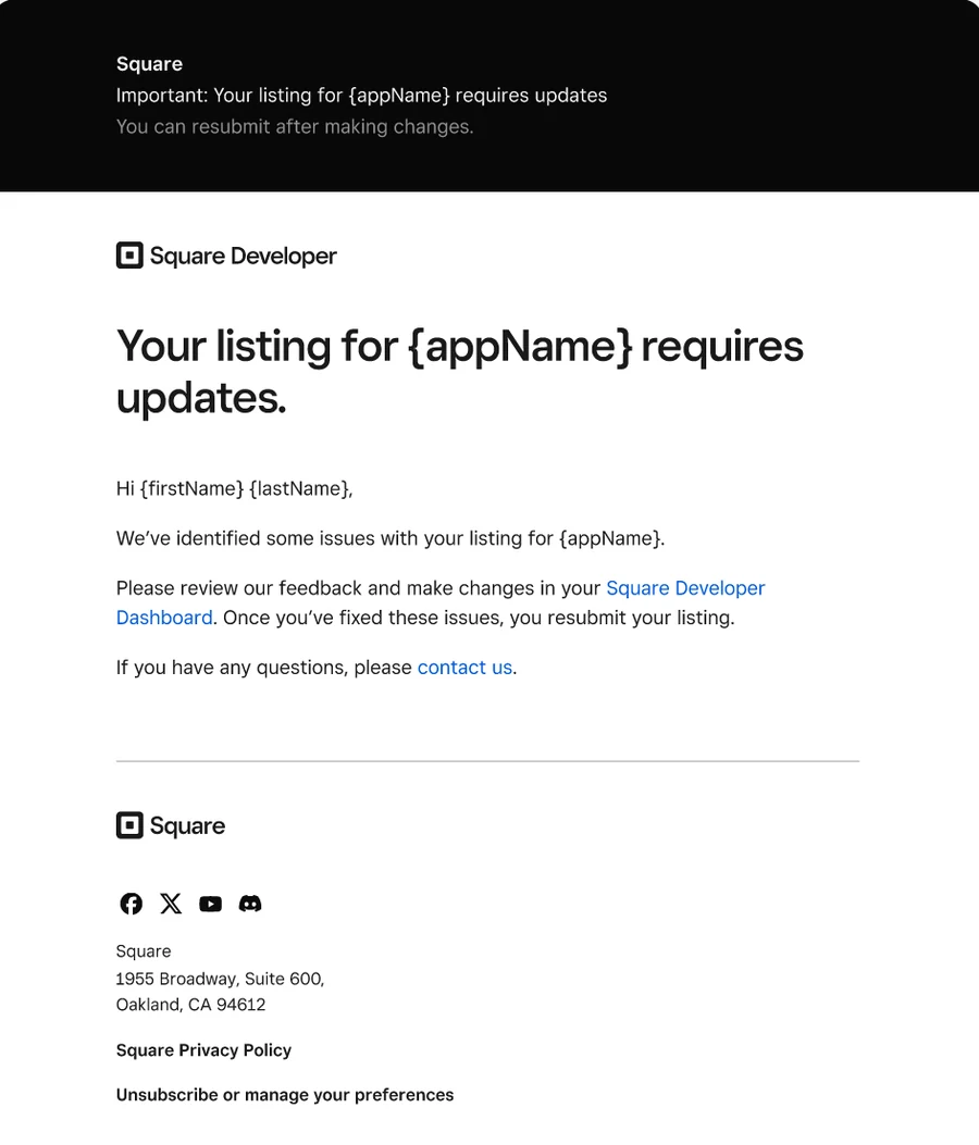 Square Developer transactional email: your listing requires updates