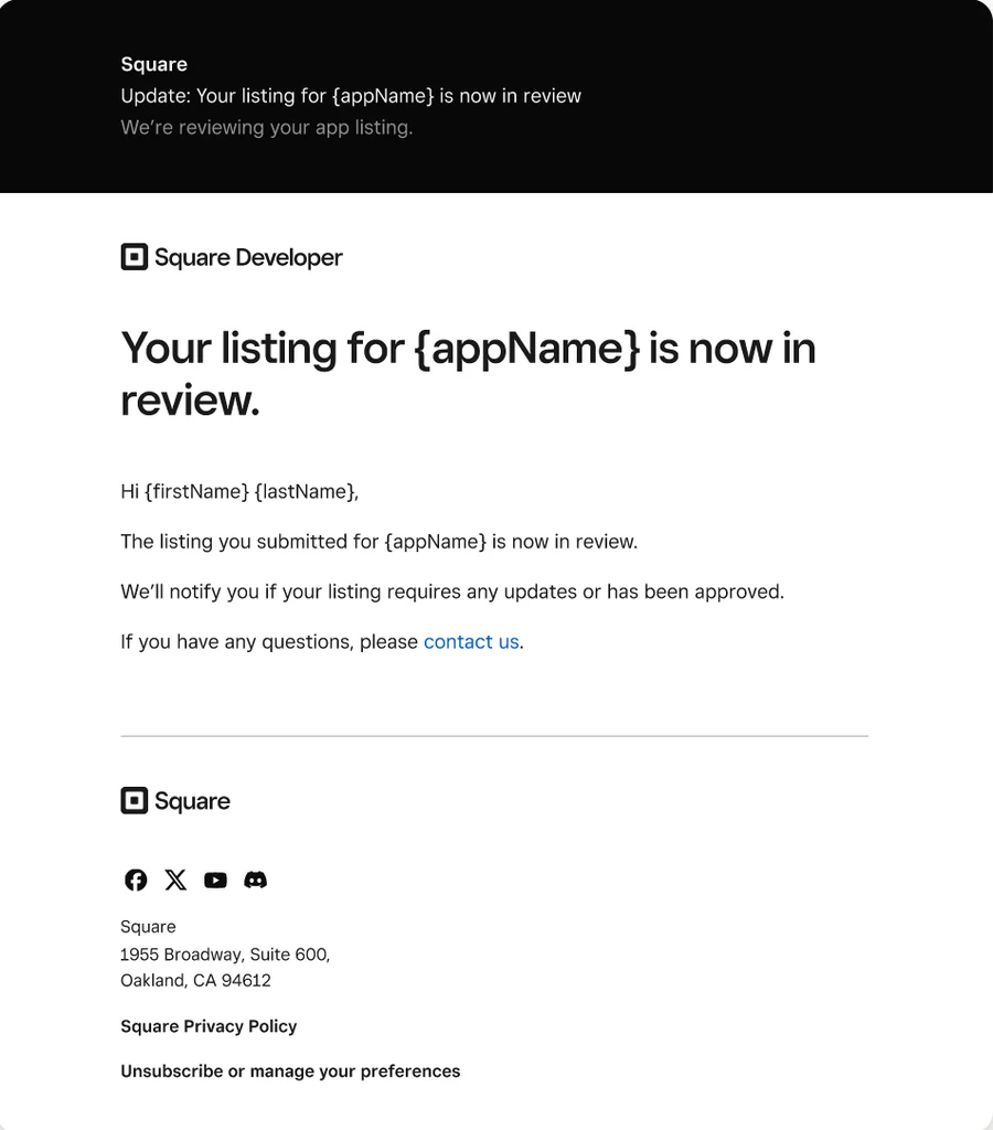 Square Developer transactional email: your listing is now in review