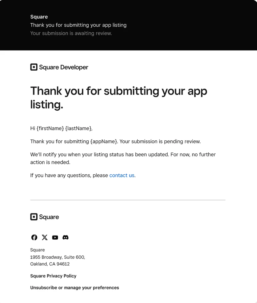 Square Developer transactional email: thank you for submitting your app listing