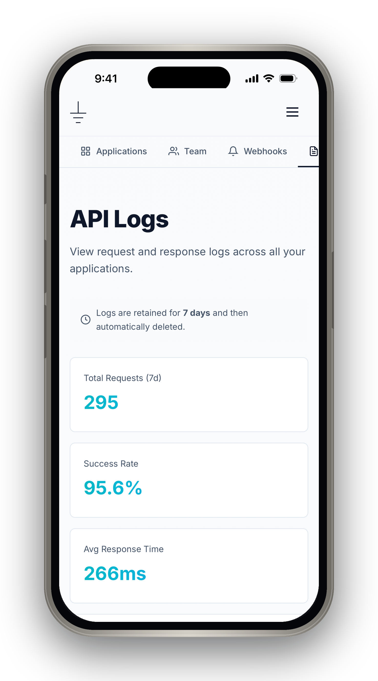The developer dashboard's API Logs view on iPhone — 7-day request totals, success rate, and average response time from the live sandbox