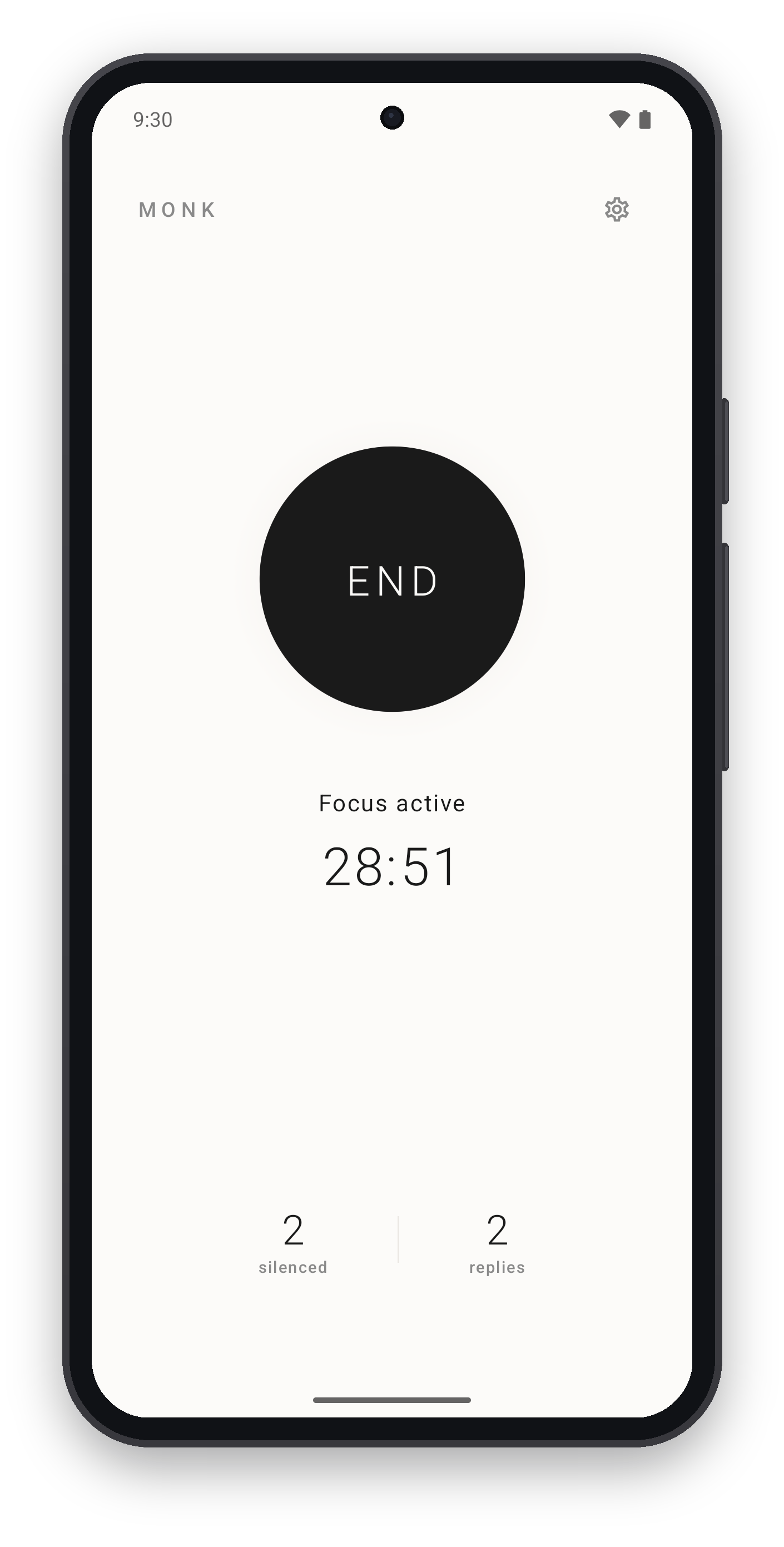 Monk — an active focus session on a Pixel 8: the ink-black END orb, a live countdown, and counters showing messages silenced and replies sent