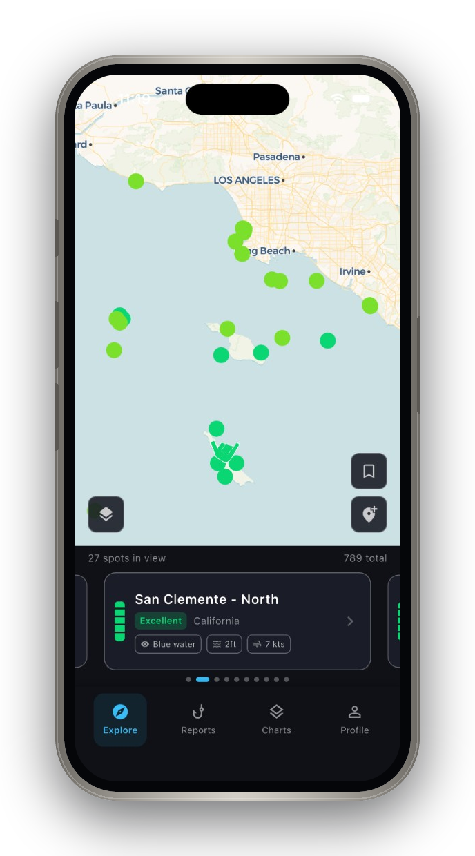 Shaka — the Explore screen on iPhone showing scored dive spots off Southern California