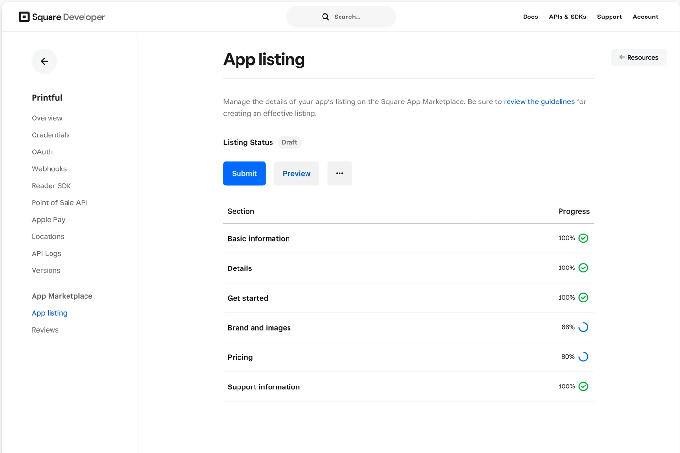 Square Developer Console — the shipped App listing editor with section completion states and a submit button